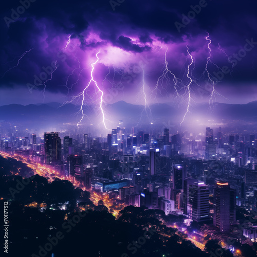 Electrifying Thunderstorm Over Neon Lit Cityscape at Night