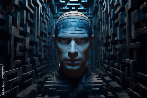 A person, possibly a cyborg, is depicted in a maze, presenting a highly detailed vfx portrait with a blue face.