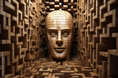 A surreal 3D render showcases a golden head, resembling a robot with a human face, amidst a maze of wooden blocks.
