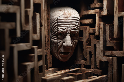 A hyperrealistic sculpture captures a man's face, carved in wood, expressing a sense of claustrophobia and a nightmare scene. photo