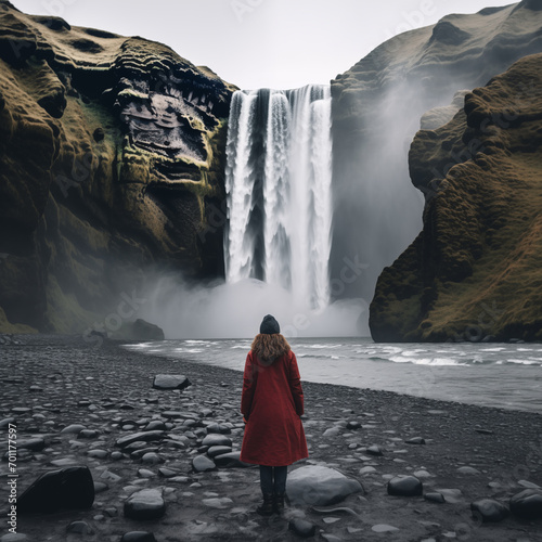 Solitary Traveler Contemplating Majestic Waterfall in Serene Landscape