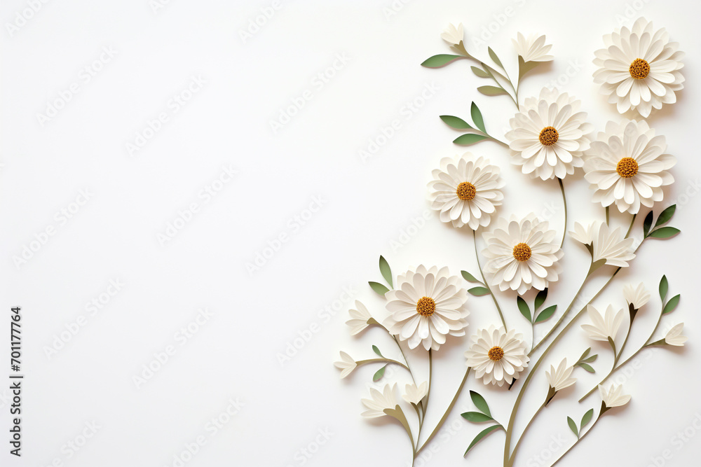 Obraz premium Paper cut flowers and leaves, Fresh spring nature background. Floral banner, poster, flyer template with copy space.