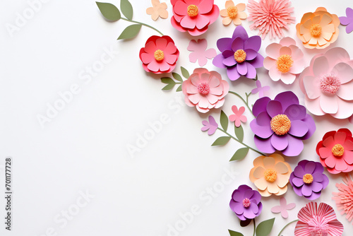 Paper cut flowers and leaves, Fresh spring nature background. Floral banner, poster, flyer template with copy space.