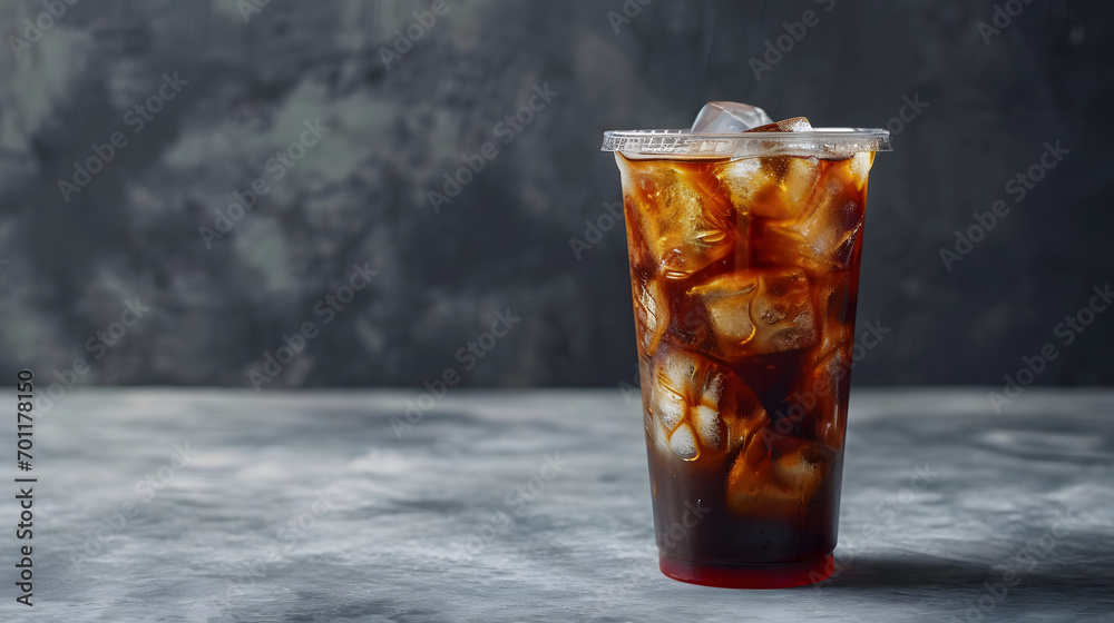Ice americano coffee in a tall disposable glass over grey background on white table. Cold summer drink on dramatic grey background with copy space. Ice americano coffee in a tall disposable glass over grey background on white table. Cold summer drink on dramatic grey background with copy space.