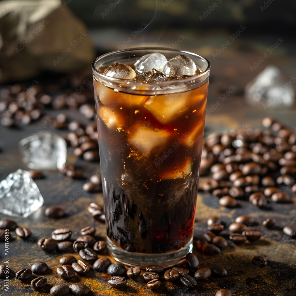 Iced americano coffee with beans background
