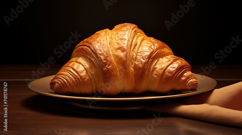 Gros plan d'un croissant au beurre sur une assiette, pâtisserie française, sur fond noir, la viennoiserie phare du petit déjeuner