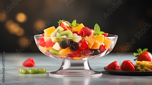 Bol en verre garni de salade de fruits frais, dessert sucré et sain de l'été photo