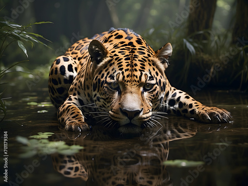 An elegant jaguar stalking in a swampy water © AungThurein
