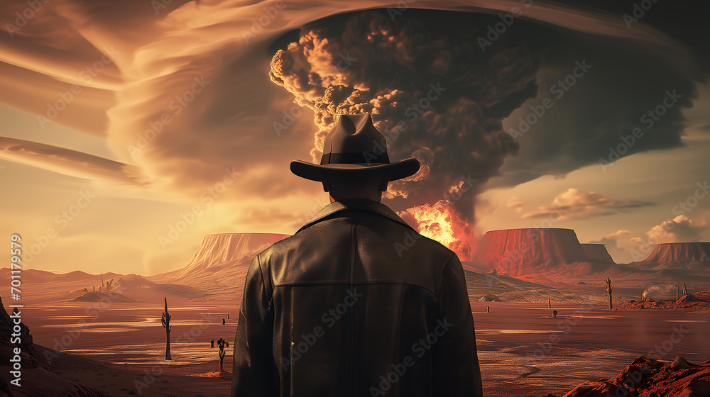 Silhouette of man watching a nuclear explosion in desert at sunset. Oppenheimer concept - obrazy, fototapety, plakaty 