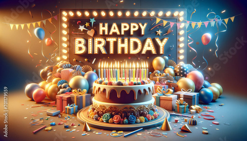 Happy birthday wallpapers greeting cards 3D happy birthday background, birthday cake illustration with candles Gifts for children and adults, Generative AI.