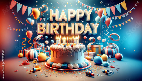 Happy birthday wallpapers greeting cards 3D happy birthday background, birthday cake illustration with candles Gifts for children and adults, Generative AI.