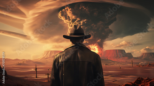 Silhouette of man watching a nuclear explosion in desert at sunset. Oppenheimer concept photo