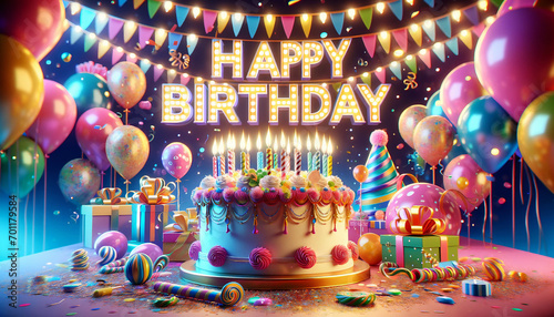 Happy birthday wallpapers greeting cards 3D happy birthday background, birthday cake illustration with candles Gifts for children and adults, Generative AI. photo