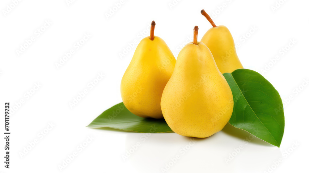 Yellow pear with leaves isolated on white background
