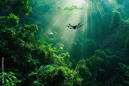 High tech aerial exploration. Modern drone flying over misty rainforest at sunset. Professional surveillance. Cutting edge technology in nature. Innovation in flight. Capturing beauty of foggy forest