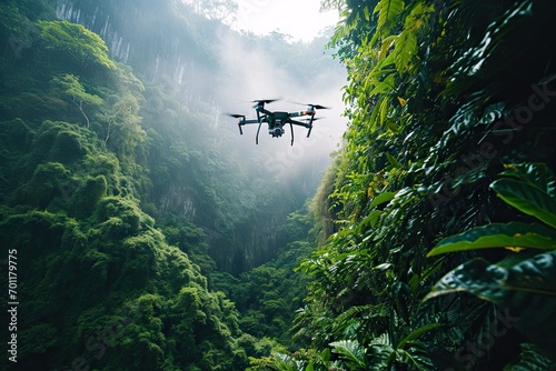 High tech aerial exploration. Modern drone flying over misty rainforest at sunset. Professional surveillance. Cutting edge technology in nature. Innovation in flight. Capturing beauty of foggy forest photo