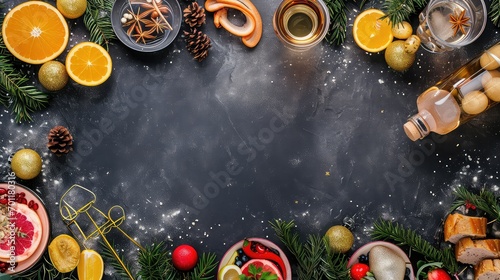 new year food and drink in different styles on top and bottom, black space with new year food and drink border --ar 16:9 --style raw --stylize 50 --v 6 Job ID: 64be6297-fe1c-4be0-a2c2-66325db70f3b