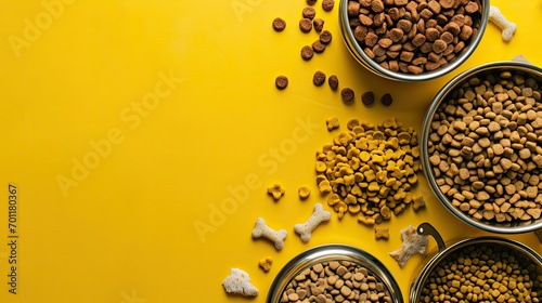 top view pet food, in different styles on top and bottom, yellow background photo