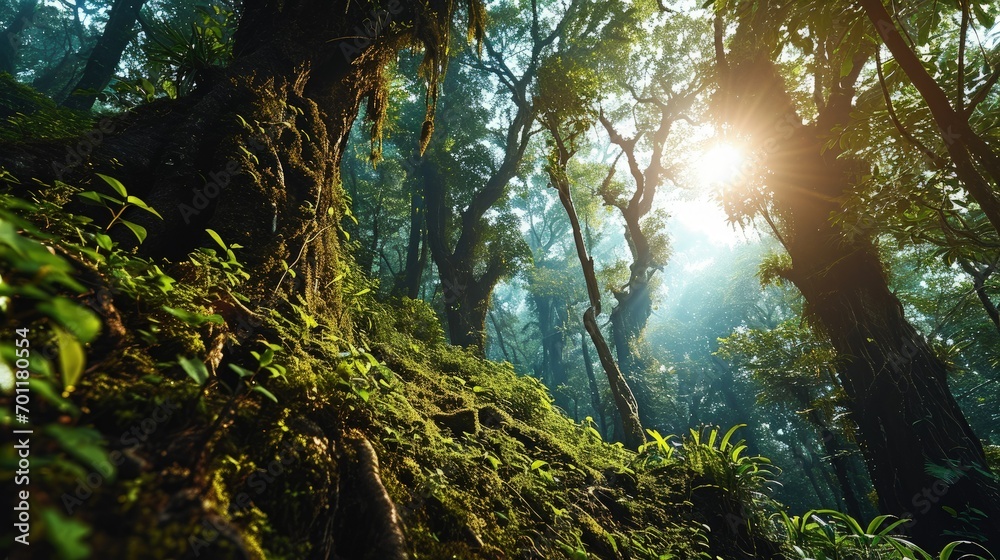 Obraz premium Aerial Elegance Witness the Harmony of Nature in a Mesmerizing Ground to Sky View of the Enchanting Forest Canopy