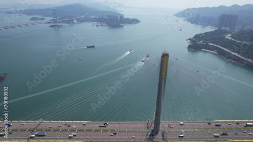 Drone Aerial Skyview in Highway Flyover Traffic on Ma Wan Sham Tseng Tsuen Wan Tsing Yi Tuen Mun Road Hong Kong Tsing Ma suspension Bridge, Ting Kau bridge photo