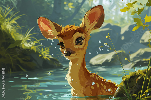 illustration of a mouse deer in the water