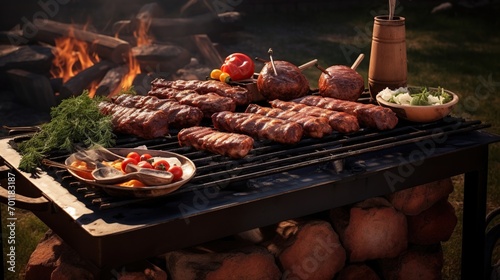 Barbecue Grill, Steaks and chops cooked on a wood fire grill.