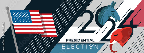 US Presidential Election Banner Background for year 2024. American Election campaign between democrats and republicans. Electoral symbols of both political parties. United States of America USA Flag. photo