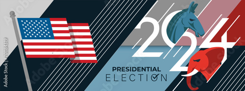 US Presidential Election Banner Background for year 2024. American Election campaign between democrats and republicans. Electoral symbols of both political parties. United States of America USA Flag.