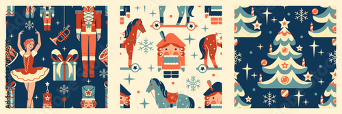 Christmas Nutcracker Ballet aesthetic. Retro collection of seamless patterns. Bright Noel backgrounds, wrapping paper, fabric.