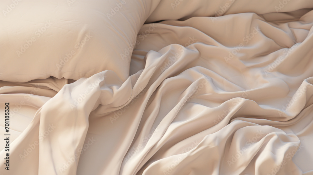 The soft creases of a beige silken bed sheet provide a gentle and luxurious texture in a peaceful bedroom setting. The soft creases of a beige silken bed sheet provide a gentle and luxurious texture in a peaceful bedroom setting.