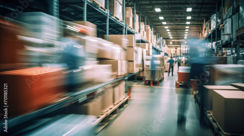 Dynamic scene of a warehouse in action with motion blur, conveying the fast pace of logistic operations.