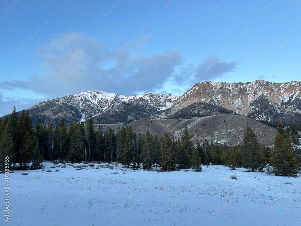 Sawtooth mountains in National forest covered in snow 