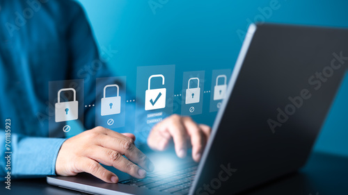 Cybersecurity awareness. People use laptop with padlock icons for secure internet network access, protect financial data transactions from cyber attack, user privacy information security encryption.
