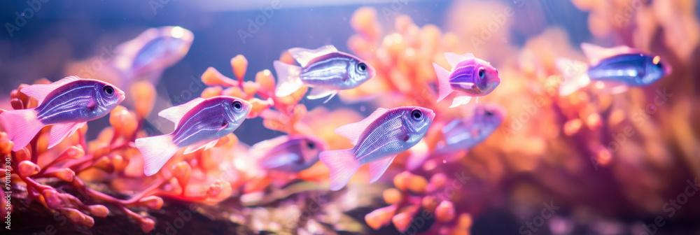A school of tropical fish moving together through the water, surrounded by a mystical ambiance in a dimly lit aquarium.
