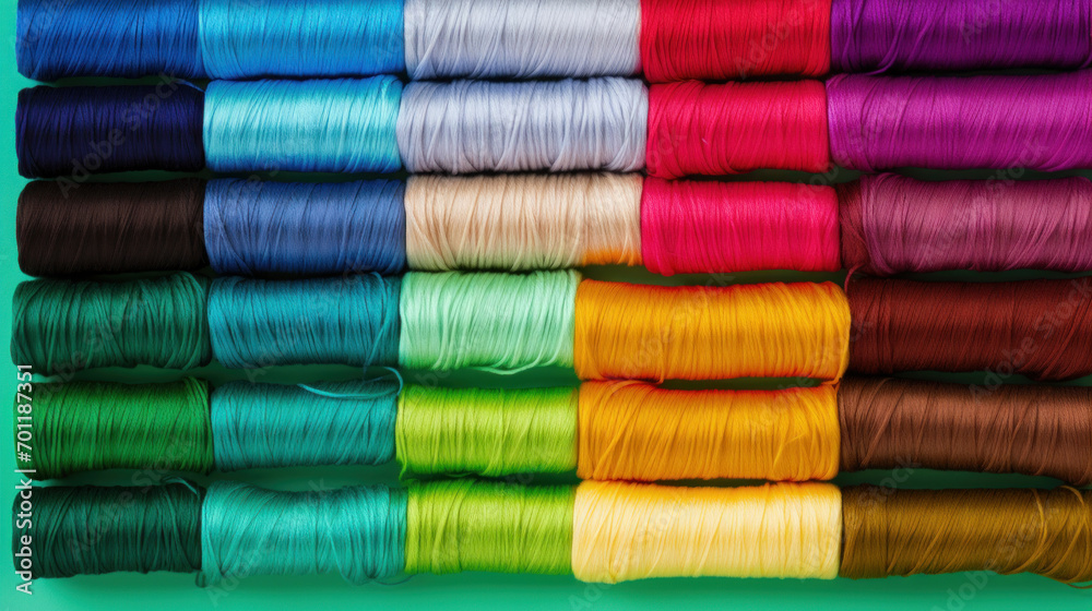 An array of vibrant sewing threads lined up on a wooden surface, complemented by the warm hues of autumn leaves, creating a crafty and seasonal atmosphere. An array of vibrant sewing threads lined up on a wooden surface, complemented by the warm hues of autumn leaves, creating a crafty and seasonal atmosphere.