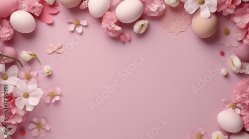 A delicate Easter background with a pink hue, featuring spring flowers, eggs, and space for seasonal greetings or creative designs.