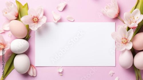 Easter themed composition with pastel pink tulips, eggs, and a blank card on a pink background. © tashechka