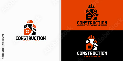 construction logo design with construction workers with tools used vector template