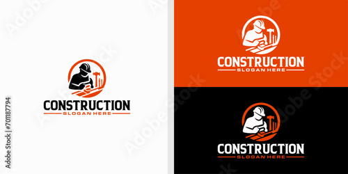 construction logo design with construction workers with tools used vector template