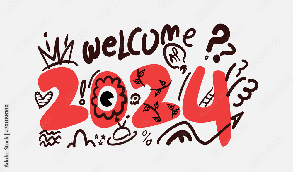 Year of 2024 doodle style for cover, wall art, design element Stock