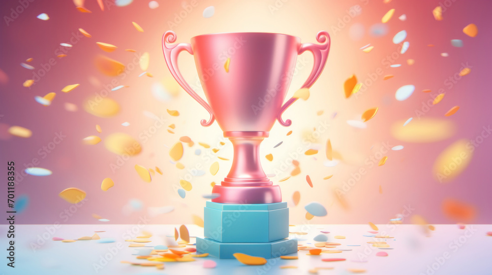 Fototapeta premium 3D rendered pink trophy on a pedestal with flying confetti against a warm backdrop, symbolizing victory.
