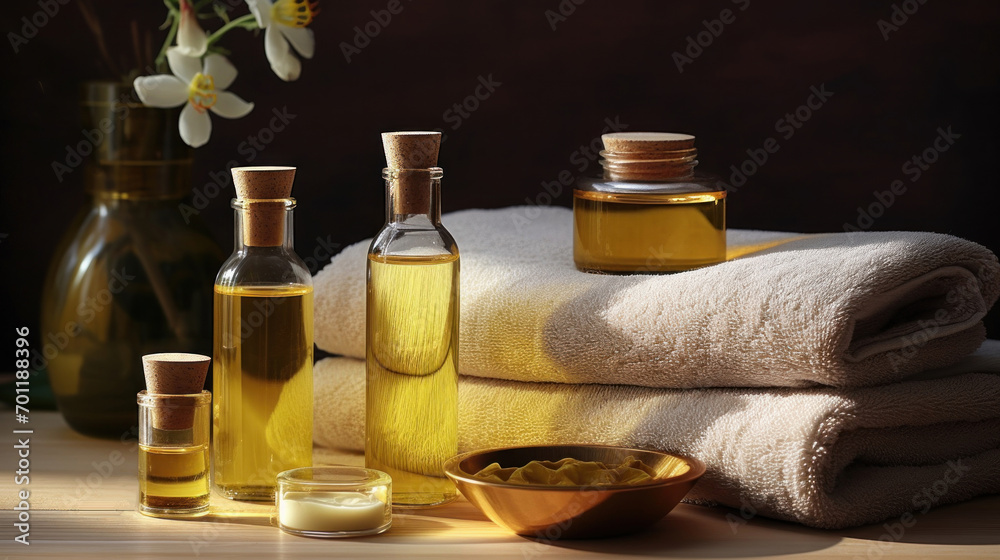 A calming spa setting with essential oils in glass bottles, soft towels, and a serene atmosphere highlighted by gentle lighting. A calming spa setting with essential oils in glass bottles, soft towels, and a serene atmosphere highlighted by gentle lighting.