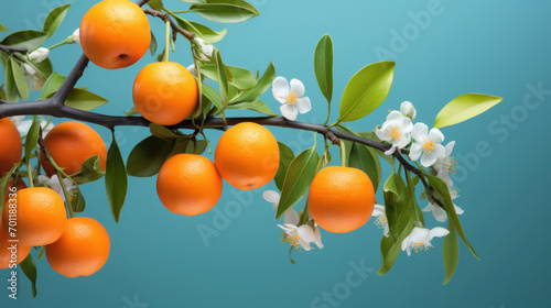 Ripe oranges on a branch with delicate white blossoms against a clear turquoise sky, refreshing and natural.
