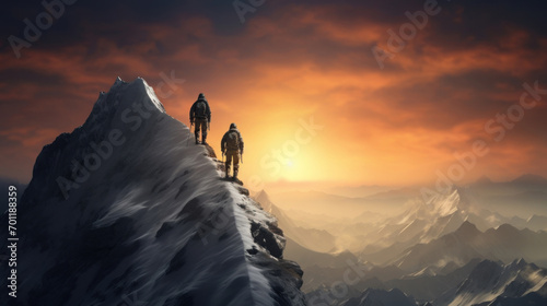 Mountaineers ascending a snowy peak with dramatic sunset skies in the background, a scene of adventure and challenge.