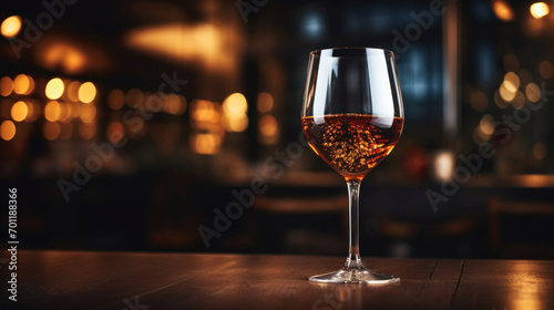 A glass of sparkling rosé wine on a bar counter with a blurred background of golden bokeh lights, depicting an elegant nightlife scene.