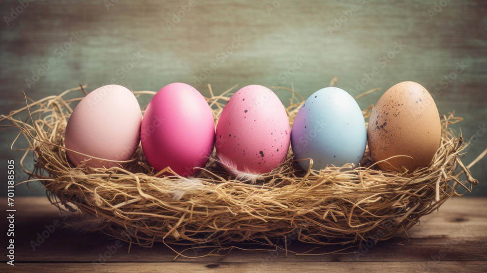 A cozy nest of straw holds pastel-colored Easter eggs, with delicate feathers on a rustic wooden table background. A cozy nest of straw holds pastel-colored Easter eggs, with delicate feathers on a rustic wooden table background.