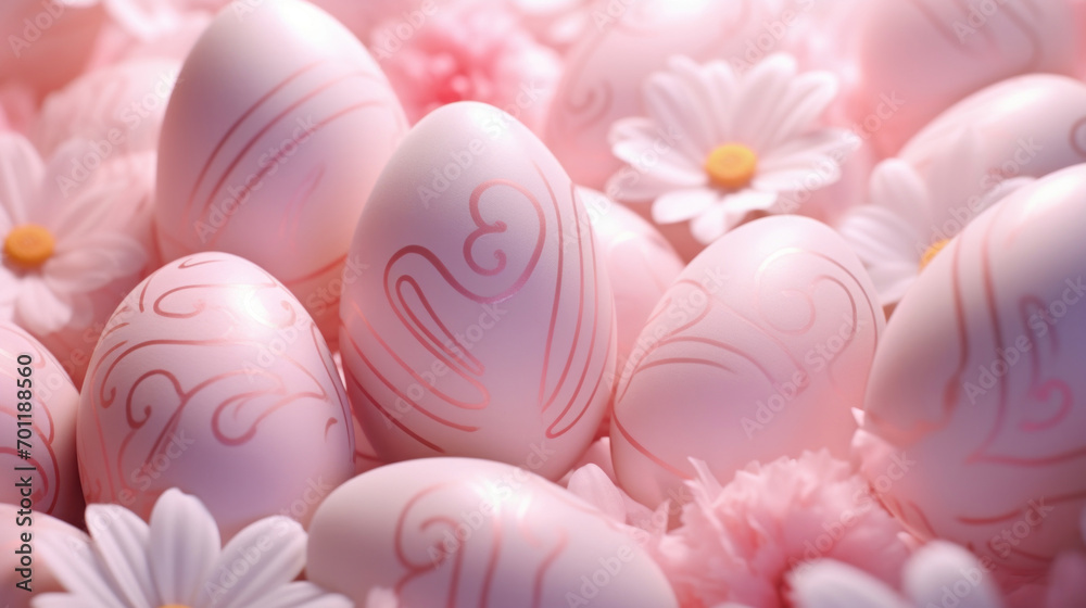 Exquisite pink Easter eggs adorned with elegant designs nestled among fresh white daisies.
