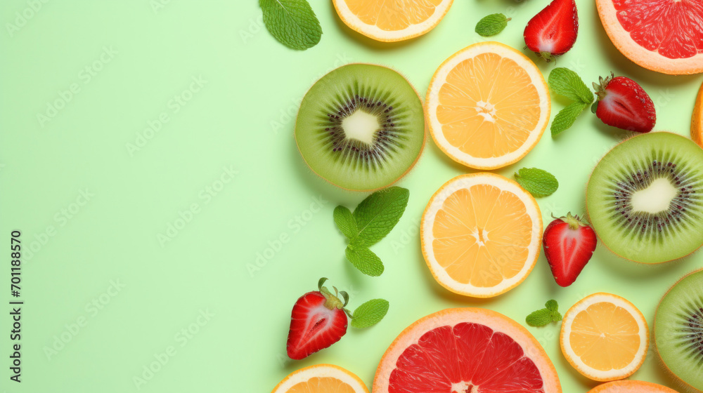 Bright green background adorned with slices of kiwi, lemon, orange, and strawberries with mint leaves. Bright green background adorned with slices of kiwi, lemon, orange, and strawberries with mint leaves.