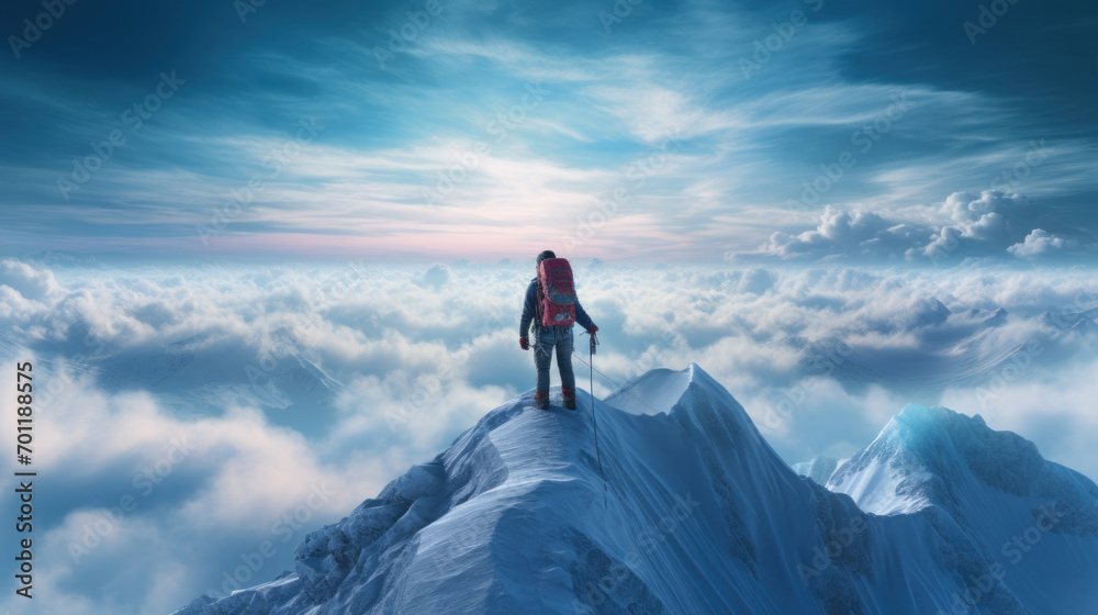 A lone mountaineer stands on the peak above the clouds, witnessing the beauty of sunrise.