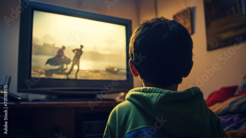 A young boy is captivated by a sunset scene playing on a television screen in a warmly lit home environment.